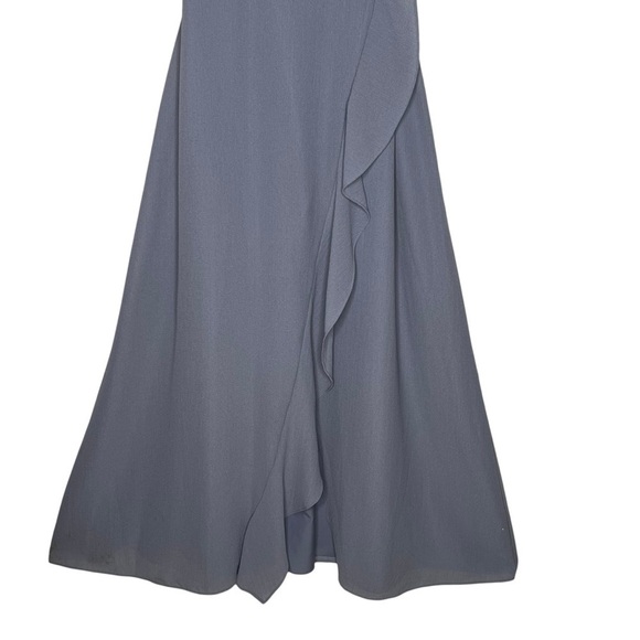 Halston Dusty Blue V Neck Ruffle Split Maxi Wrap Dress Gown Size L Short Sleeve - Picture 10 of 13
